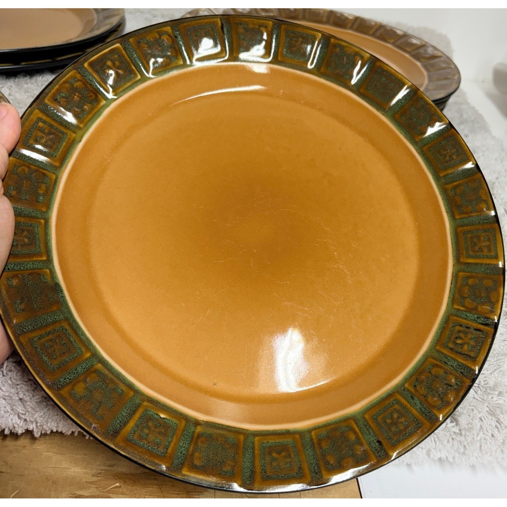 Pfaltzgraff Passage Dinner Plate Set 2 Tan Green Geo Border Matte Black 10.5 in